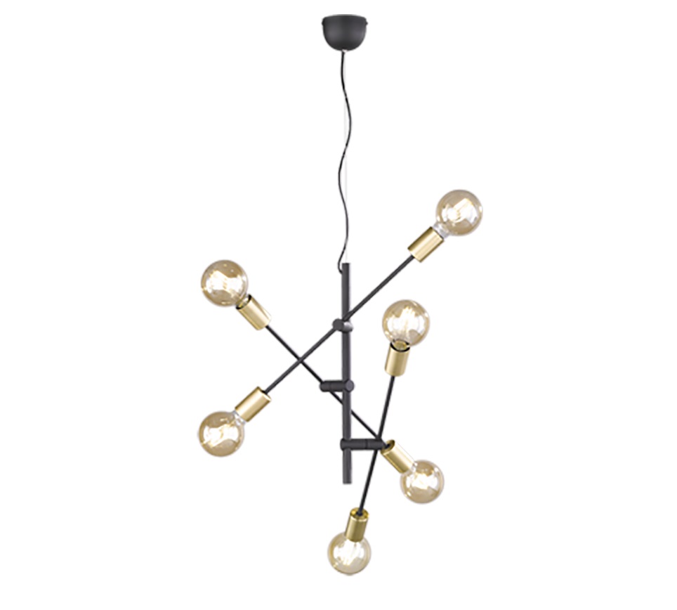 TRIO Leuchten Cross Lampada a Sospensione 6 Luci E27 con Bracci Orientabili, Nero Opaco e Oro, D. 54,5cm