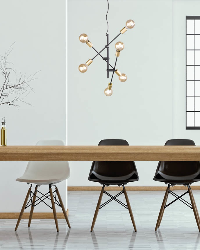 TRIO Leuchten Cross Lampada a Sospensione 6 Luci E27 con Bracci Orientabili, Nero Opaco e Oro, D. 54,5cm