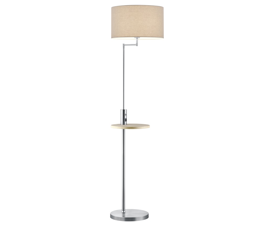 Trio Leuchten Claas Lampada a Stelo in Metallo Nichel Opaco con Paralume in Tessuto Grigio, Ripiano in Legno, Porta USB, H. 160 cm, Attacco E27