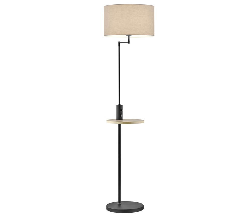 Trio Leuchten Claas 400400132 - Lampada a stelo moderna in metallo nero opaco con paralume in tessuto grigio, ripiano in legno, porta USB e attacco E27 max 60 Watt