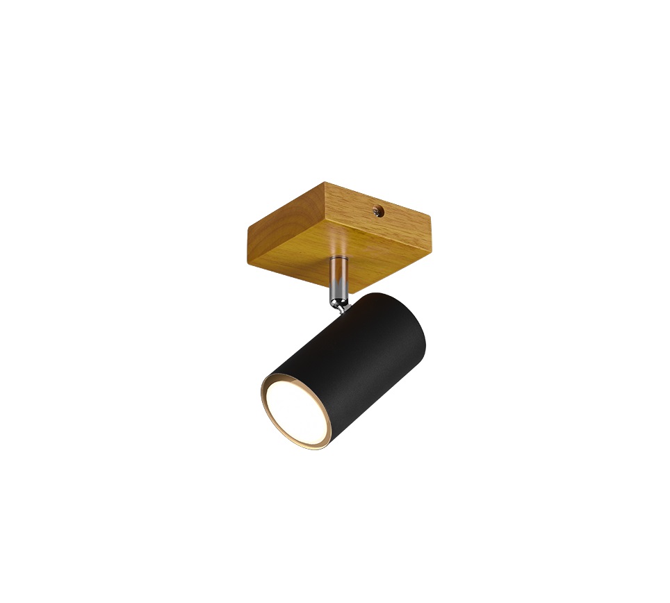 Trio Leuchten Marley Faretto d'illuminazione GU10 15 W Metallo Nero Opaco con Base in Legno Naturale