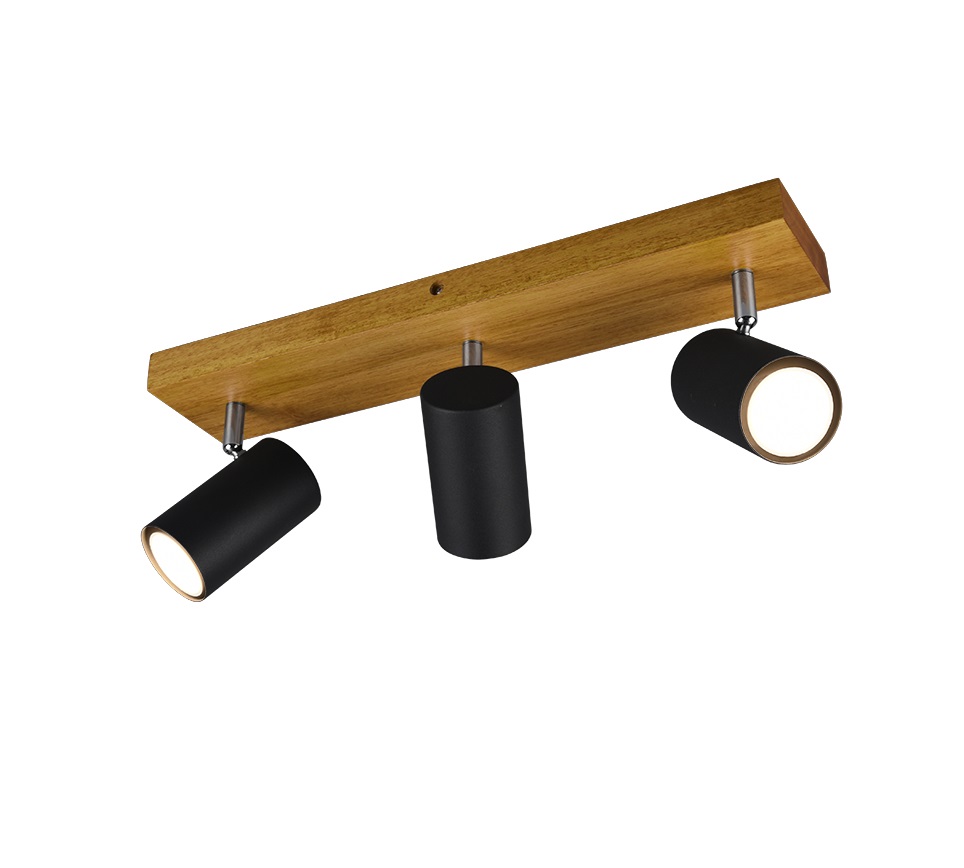 Trio Leuchten Plafoniera Moderna con 3 Faretti Orientabili GU10 in Metallo e Legno Nero Opaco - Design Minimalista