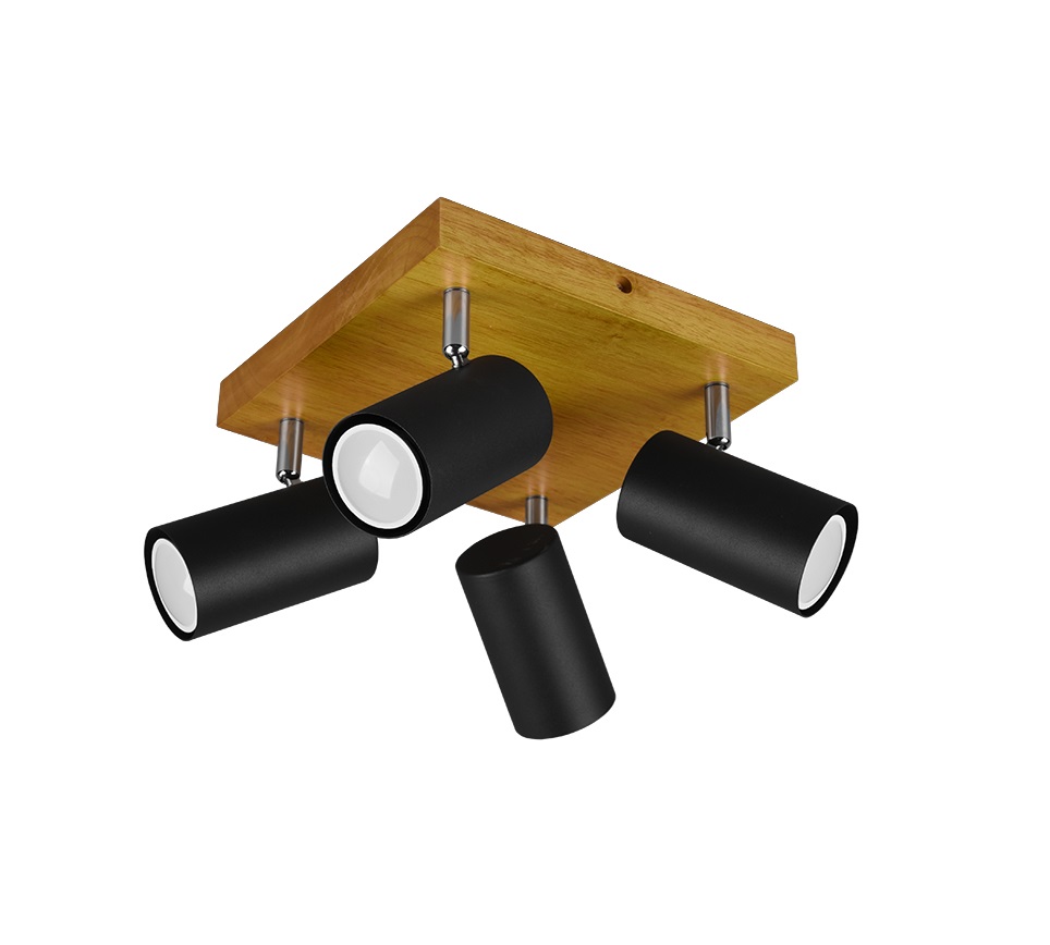 TRIO Leuchten Marley Plafoniera 4 Faretti GU10 Orientabili in Metallo Nero con Base in Legno Naturale
