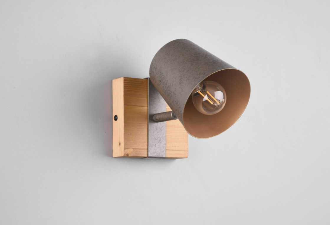 Trio Bell Faretto E14 25W Metallo Nichel Antico con Base in Legno Naturale - Orientabile