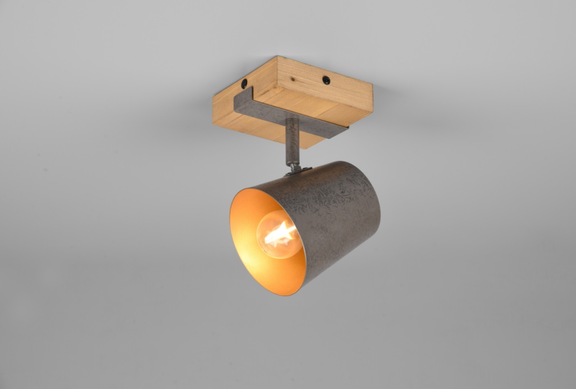 Trio Bell Faretto E14 25W Metallo Nichel Antico con Base in Legno Naturale - Orientabile