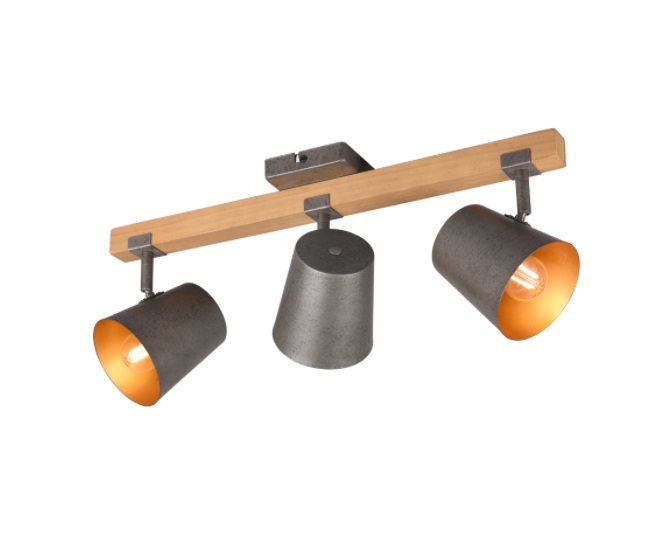 TRIO LIGHTING BELL Lampada da soffitto Vintage con 3 Spot Orientabili in Metallo Anticato e Base in Legno Naturale - Lunghezza 58 cm, Attacco E14