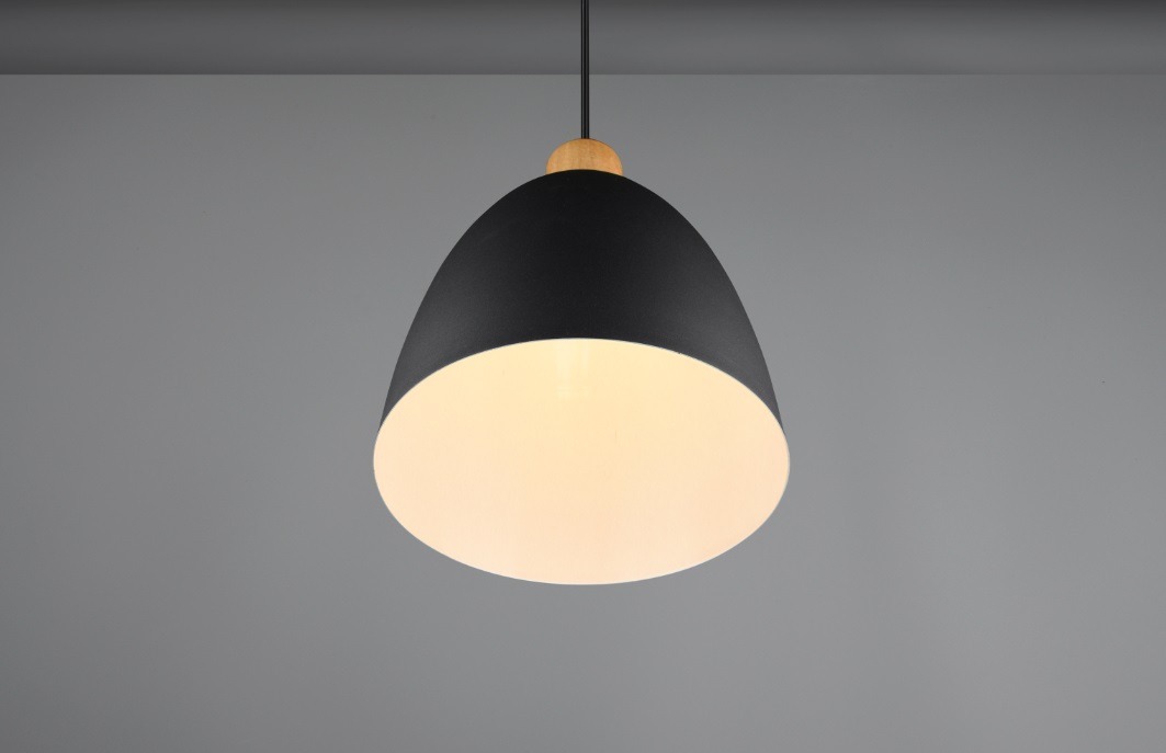 Reality Jagger Lampada a Sospensione 1xE27 40W in Metallo Nero Opaco e Legno, Paralume Ø25cm, Pendolo Regolabile