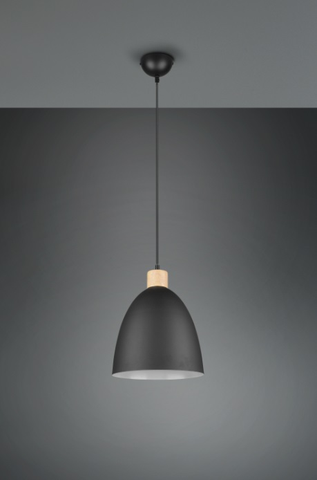 Reality Jagger Lampada a Sospensione 1xE27 40W in Metallo Nero Opaco e Legno, Paralume Ø25cm, Pendolo Regolabile