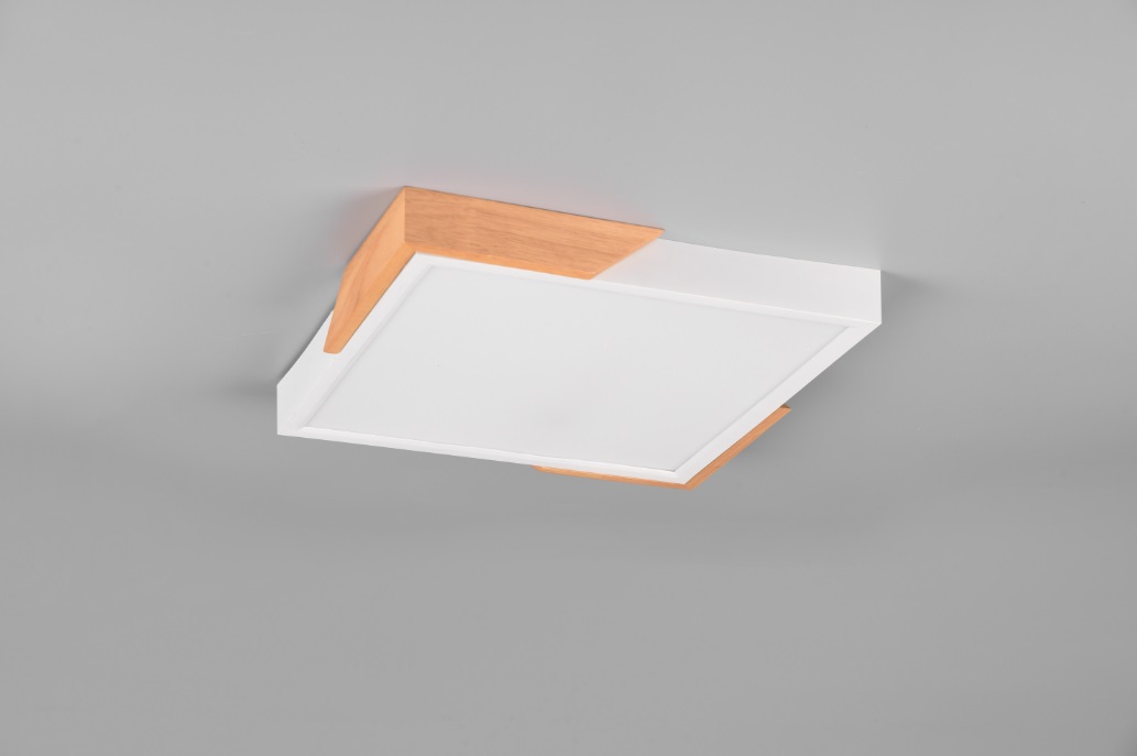 Trio Lighting Plafoniera LED META 20 W con Legno Naturale, 2400 Lm, 3000 K, Regolabile, 31,5 cm x 31,5 cm