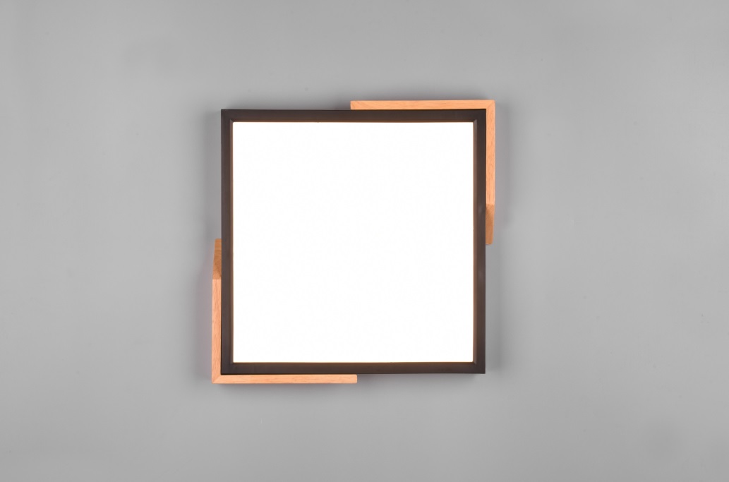 TRIO META Plafoniera LED 20W 2400Lm 3000K in Legno Naturale e Plastica Nera Opaca, Dimmerabile con Interruttore, 31,5x31,5cm