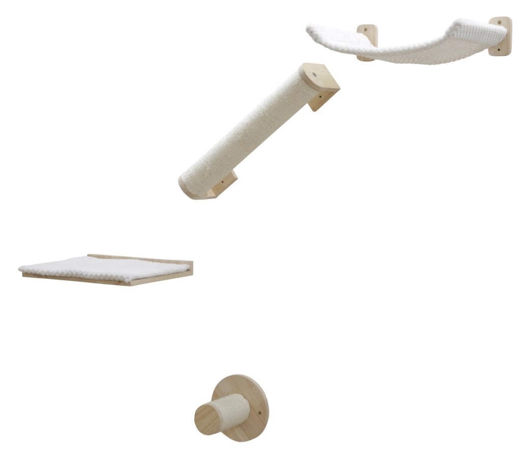 Kerbl Pet Pareti da Arrampicata per Gatti - Set da 4 Pezzi in Legno Massiccio con Gradini e Lettino