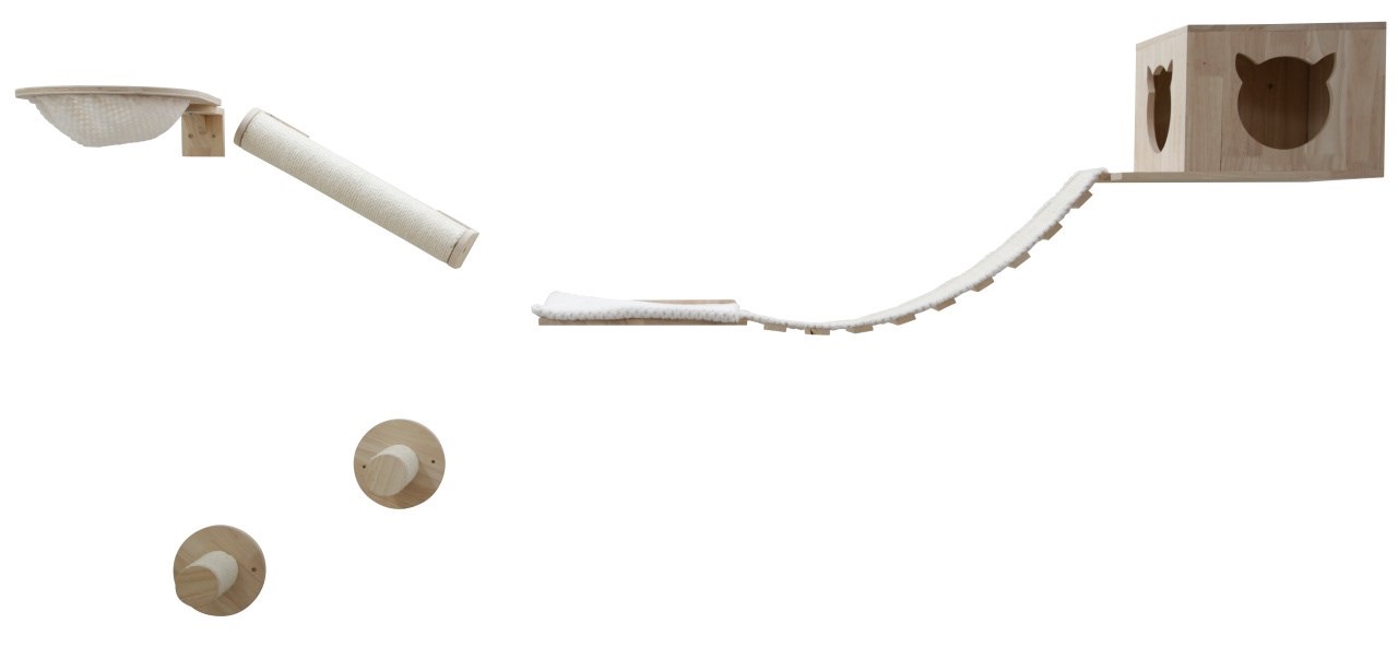 Kerbl Pet Parete di Arrampicata per Gatti - Set 7 pz con Gradini, Lettino e Colonna in Sisal