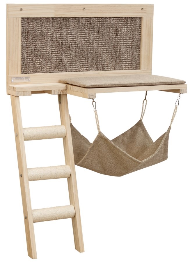 Kerbl Pet Tavola per Gatti Timber - Letto a Parete con Tiragraffi, Cuscini Lavabili e Gradini in Sisal, Marrone, 58 x 89 cm
