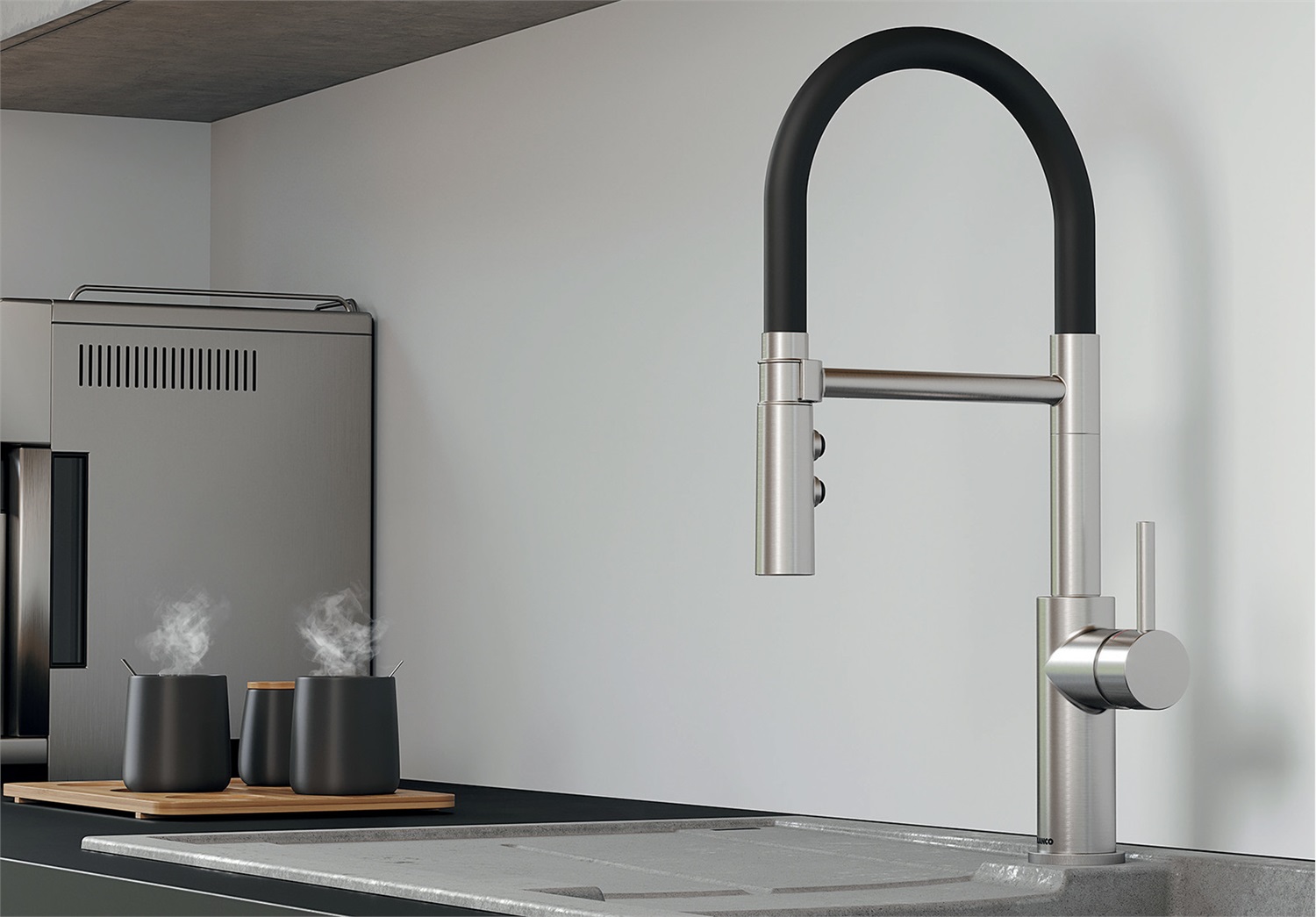 BLANCO CATRIS-S Flexo 525792 Miscelatore per Cucina in Acciaio Inox con Rivestimento PVD UltraResist, Colore Cromo e Nero, Altezza 48 cm, Girevole 360°, Doccetta Estraibile