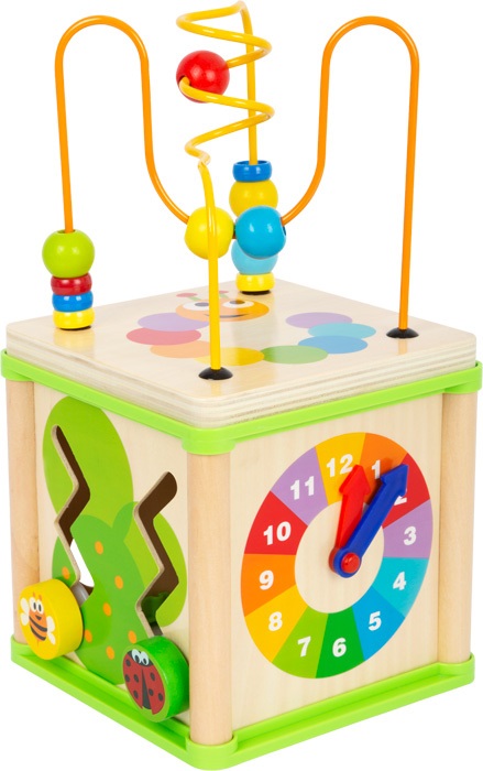 Small Foot 10074 - Dado Motricità Insetti in Legno con Giochi di Forme, Orologio Didattico e Ruote Dentate, per Bambini dai 12 Mesi