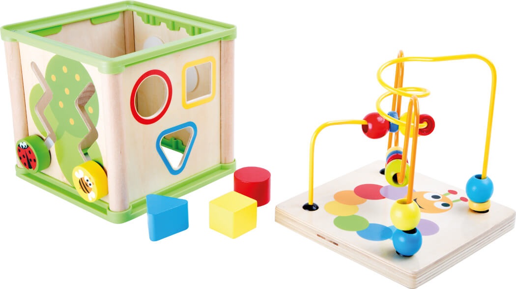 Small Foot 10074 - Dado Motricità Insetti in Legno con Giochi di Forme, Orologio Didattico e Ruote Dentate, per Bambini dai 12 Mesi