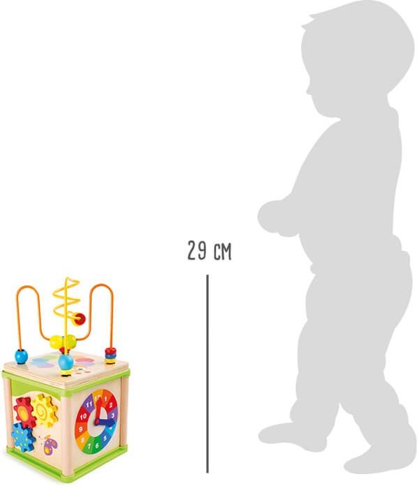 Small Foot 10074 - Dado Motricità Insetti in Legno con Giochi di Forme, Orologio Didattico e Ruote Dentate, per Bambini dai 12 Mesi