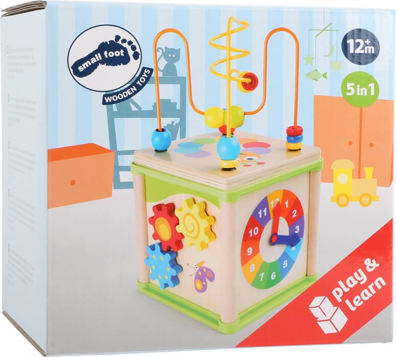 Small Foot 10074 - Dado Motricità Insetti in Legno con Giochi di Forme, Orologio Didattico e Ruote Dentate, per Bambini dai 12 Mesi