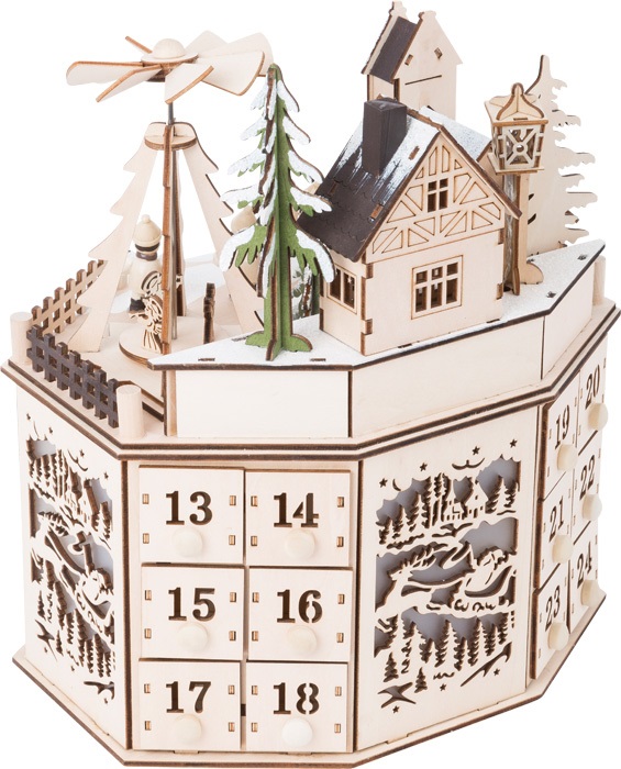 small foot Calendario dell'Avvento con Piramide - Paesaggio Natalizio Illuminato e Cassetti Numerati