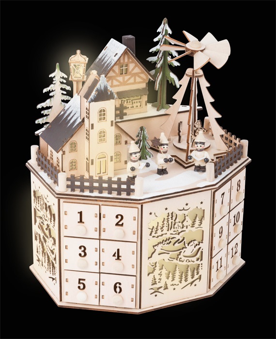 small foot Calendario dell'Avvento con Piramide - Paesaggio Natalizio Illuminato e Cassetti Numerati