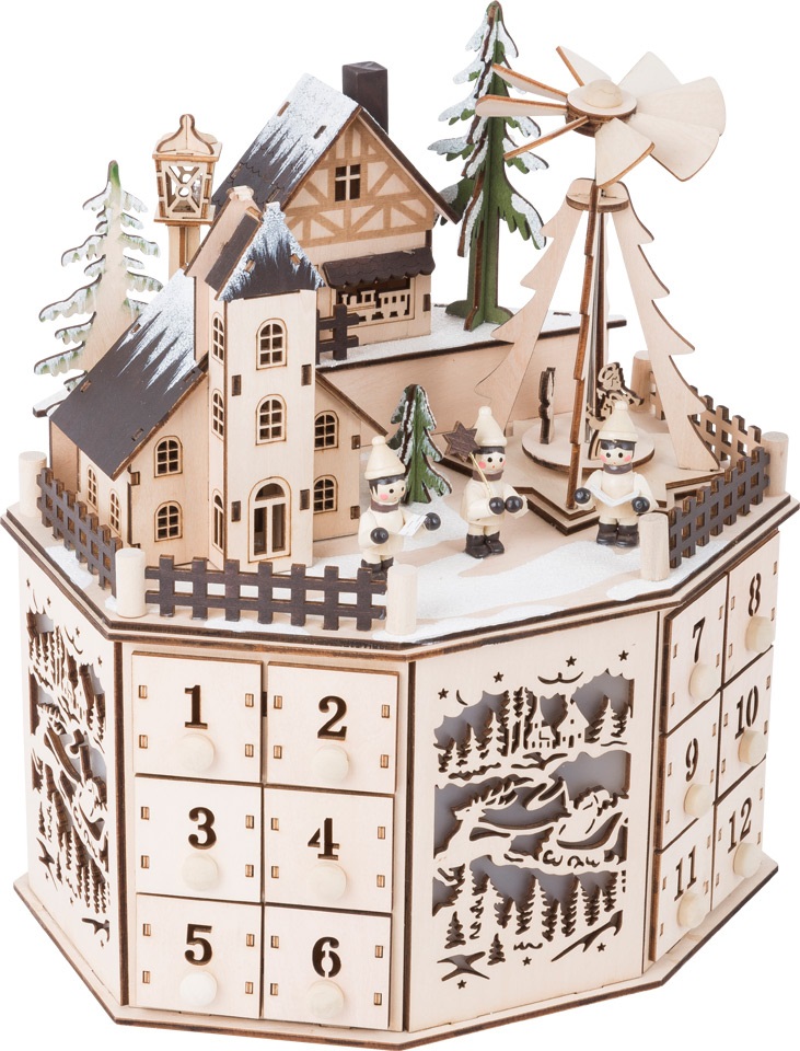 small foot Calendario dell'Avvento con Piramide - Paesaggio Natalizio Illuminato e Cassetti Numerati