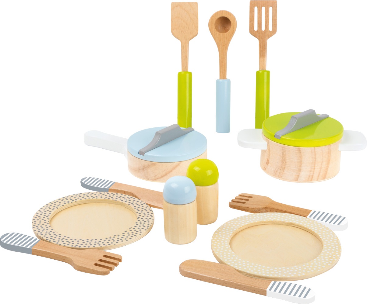 Small Foot Set Stoviglie e Pentole in Legno per Bambini - 15 Pezzi Multicolore, Gioco di Ruolo per Cucina