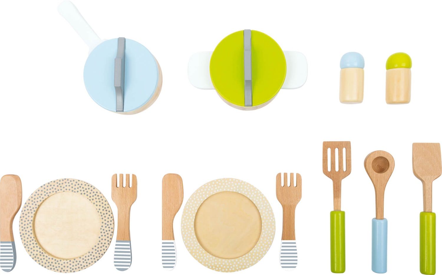 Small Foot Set Stoviglie e Pentole in Legno per Bambini - 15 Pezzi Multicolore, Gioco di Ruolo per Cucina