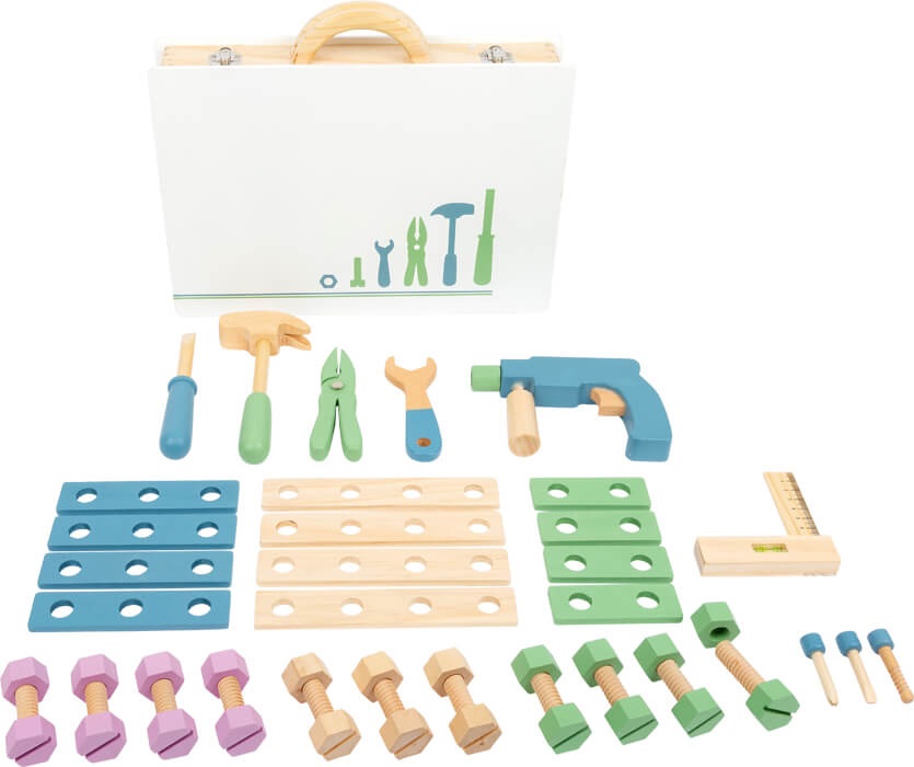 Small Foot 11505 Cassetta degli Attrezzi Nordic in Legno - Set di 32 Pezzi per Bambini, Inclusa Livella e Accessori