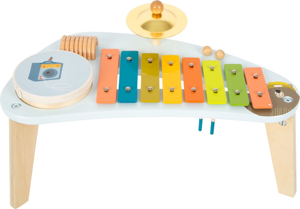 Small Foot Tavolino musicale 'Groovy Beats' 12255 - Set di musica 4 in 1 con piatti, xilofono, raganella e tamburello, per bambini da 3 anni in su