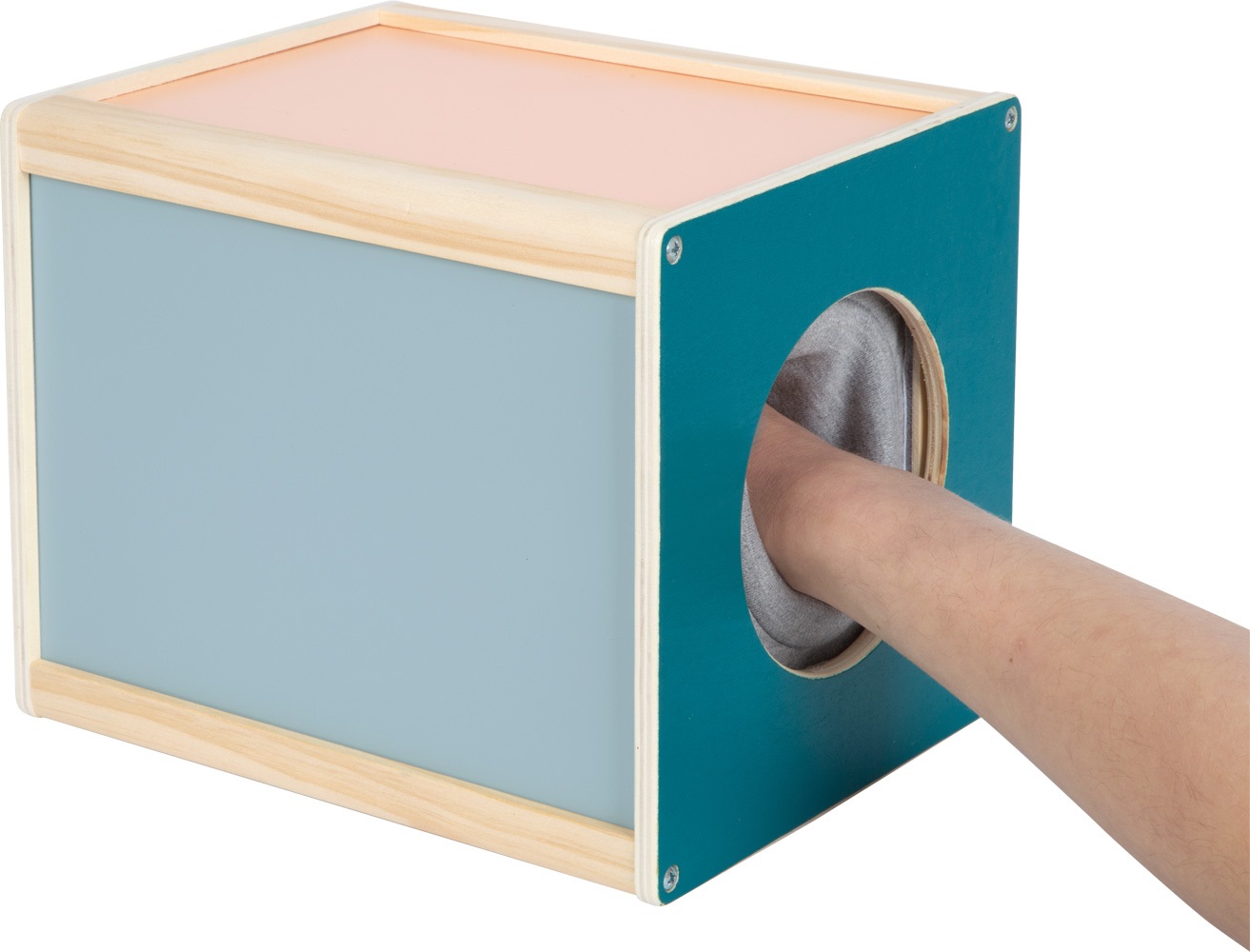 small foot Scatola Tattile Sensory - Gioco Sensoriale in Legno per Bambini dai 3 Anni con Aperture Laterali e Polsini in Velcro
