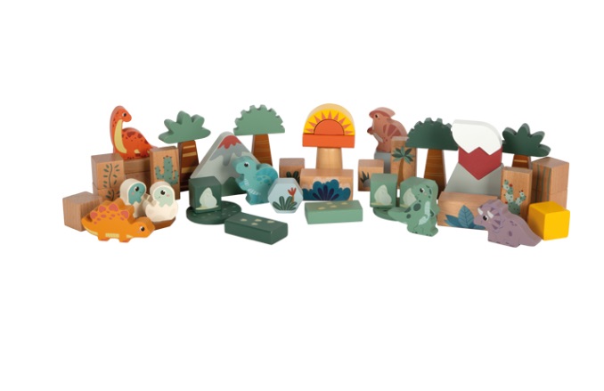 Small Foot Dino - Set di Costruzioni in Legno FSC 100% Certificato, 34 Pezzi, per Bambini dai 12 Mesi, Colore Colorato