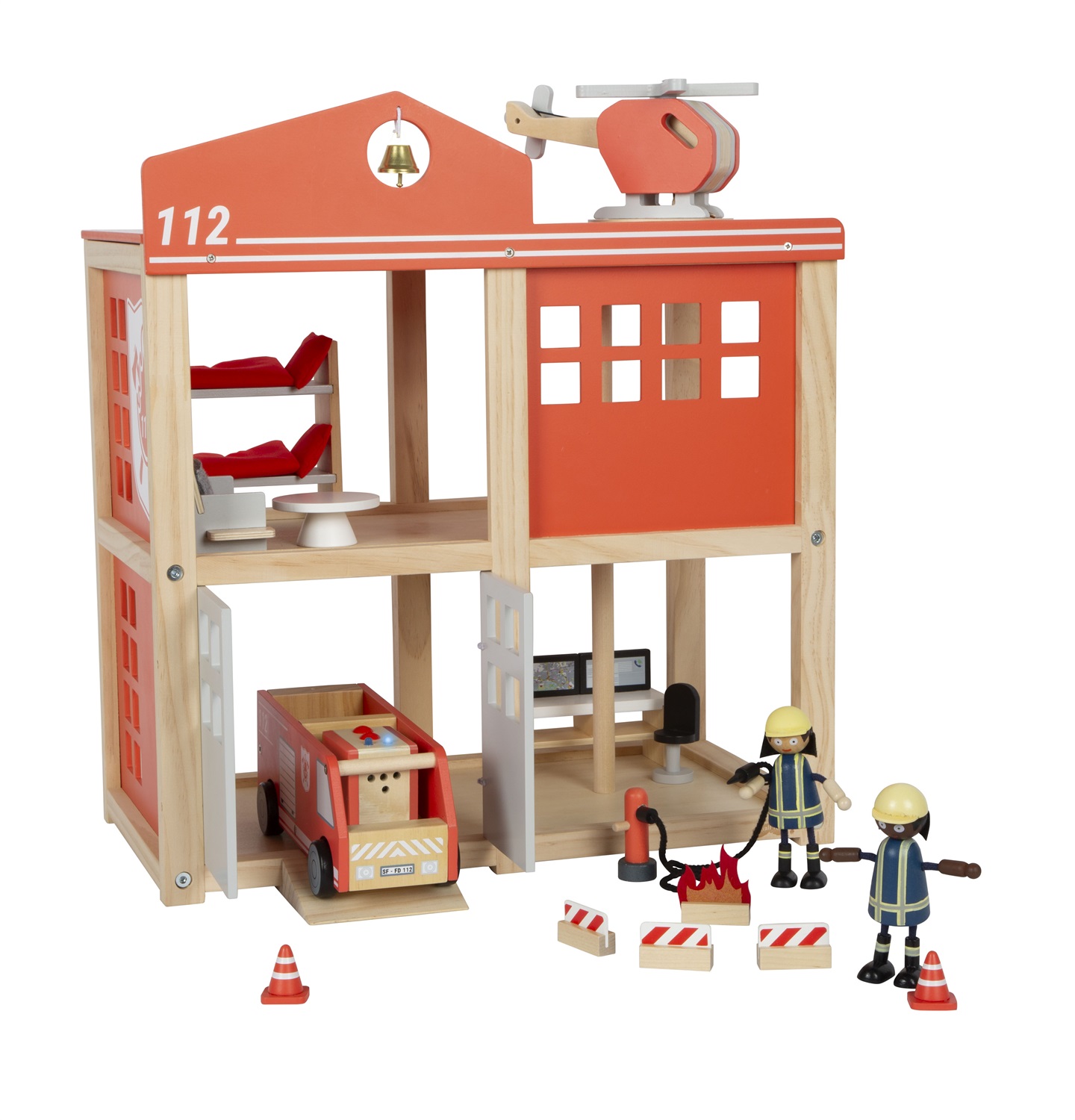 small foot Caserma dei Pompieri Grande in Legno con Luci e Suoni, Set Completo con Accessori per Bambini dai 3 Anni