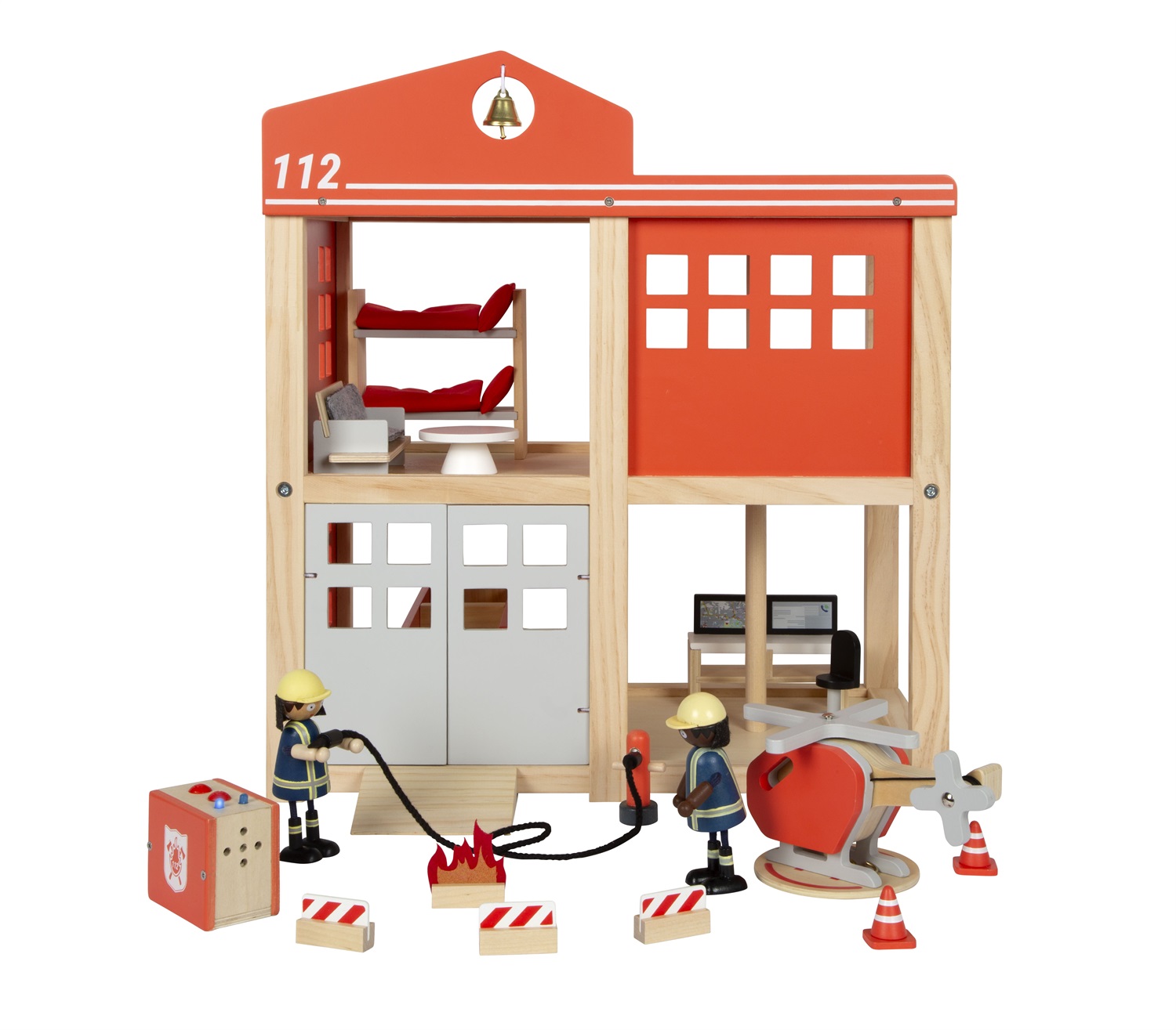 small foot Caserma dei Pompieri Grande in Legno con Luci e Suoni, Set Completo con Accessori per Bambini dai 3 Anni