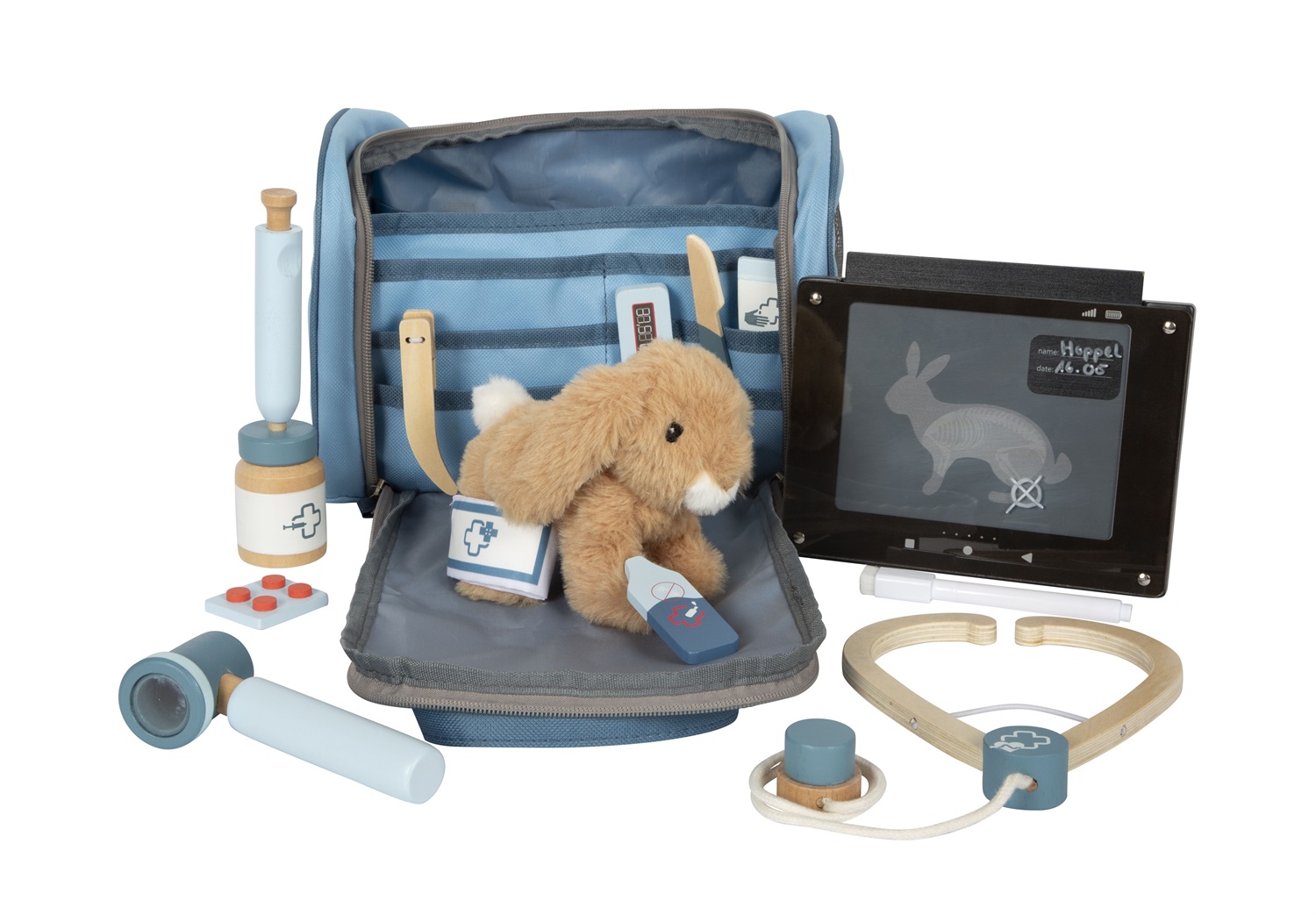 Small Foot Borsa del Veterinario con Coniglio - Set da Gioco in Legno con Accessori e Peluche per Bambini dai 3 Anni