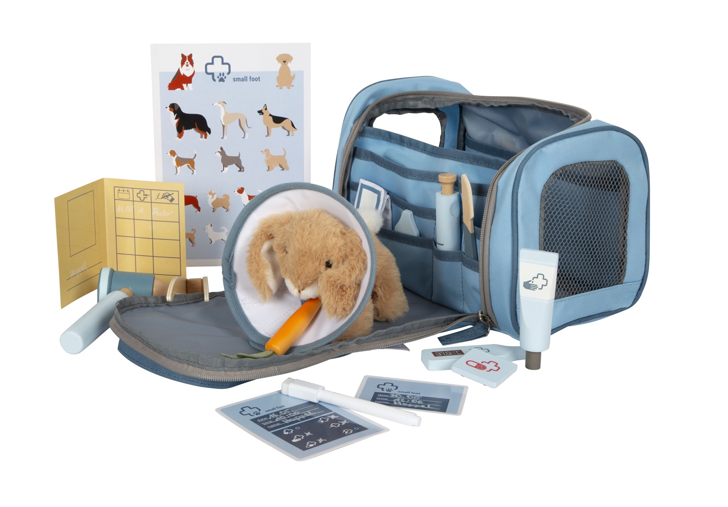 Small Foot Borsa del Veterinario con Coniglio - Set da Gioco in Legno con Accessori e Peluche per Bambini dai 3 Anni