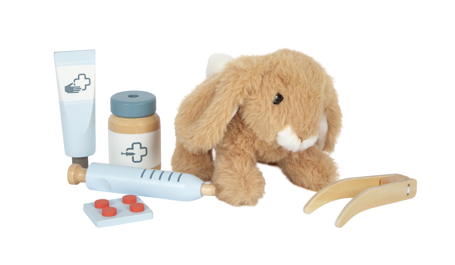 Small Foot Borsa del Veterinario con Coniglio - Set da Gioco in Legno con Accessori e Peluche per Bambini dai 3 Anni