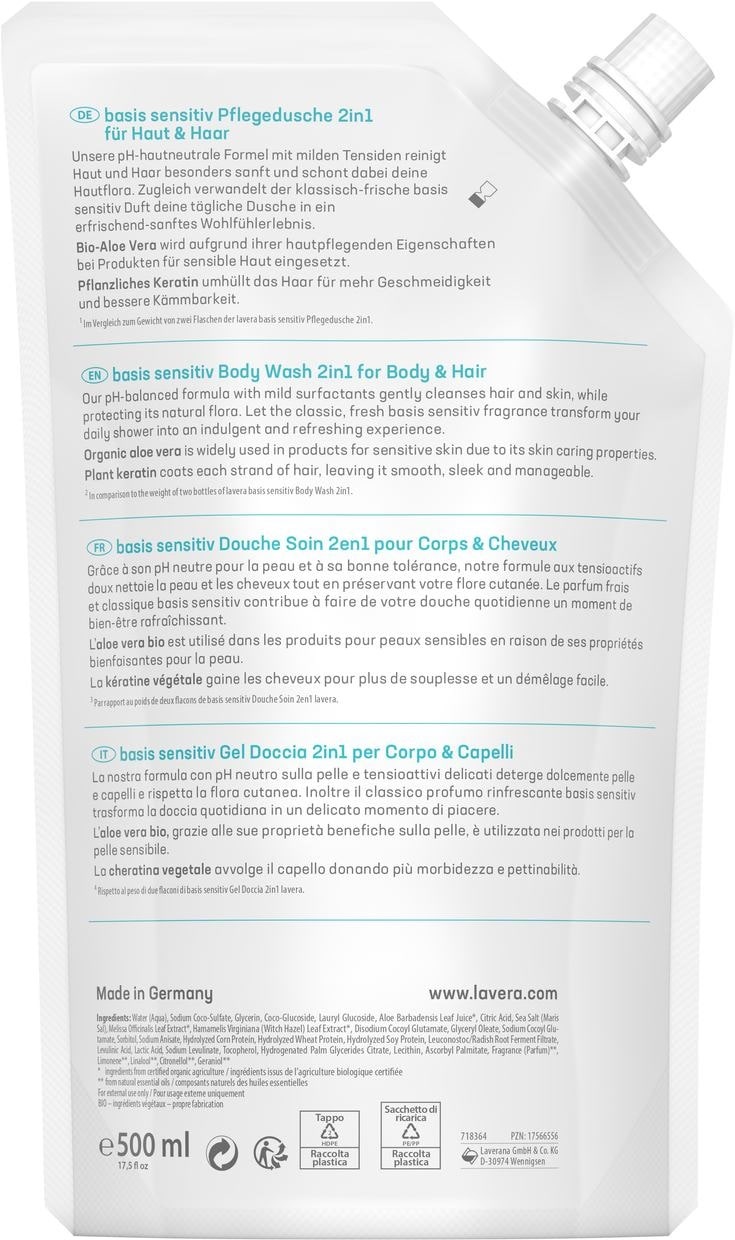Lavera Basis Sensitiv Gel Doccia 2in1 500 ml - Aloe Vera Biologica e Cheratina Vegetale, Deterge Corpo e Capelli