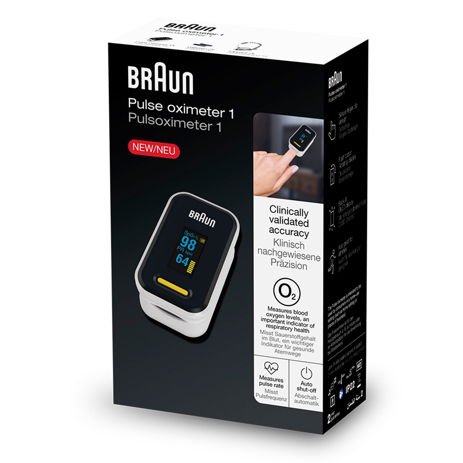 Braun YK-81CEU Pulsossimetro da Dito - Misurazione Saturazione Ossigeno e Frequenza del Polso, Clinicamente Validato, Adatto per Adulti