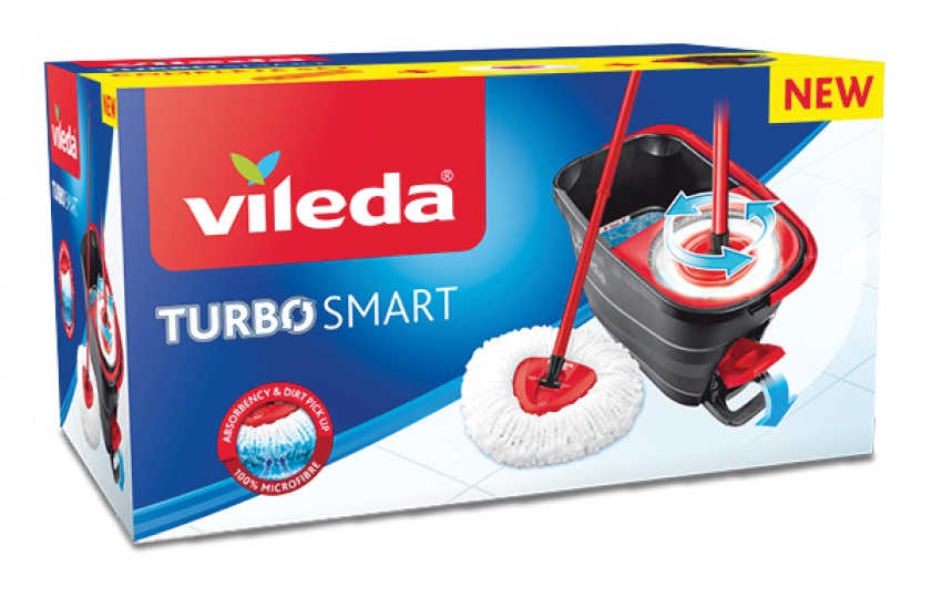 Vileda Turbo Smart Sistema Lavapavimenti con Strizzatura a Pedale, Serbatoio Singolo, Panno in Microfibra, Colore Nero e Rosso