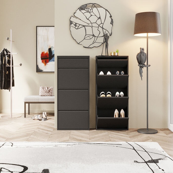 KARE Caruso Scarpiera da Parete in Acciaio Nero - 4 Scomparti per 6 Paia di Scarpe, Design Minimalista e Salvaspazio, Dimensioni 115x50x15 cm