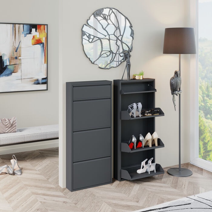 KARE Caruso Scarpiera da Parete in Acciaio Nero - 4 Scomparti per 6 Paia di Scarpe, Design Minimalista e Salvaspazio, Dimensioni 115x50x15 cm
