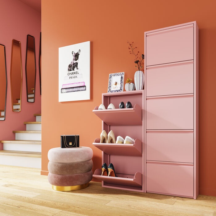 KARE Design Scarpiera Caruso Rosa - 3 Scomparti Basculanti per Max 6 Paia, Salvaspazio, 103x50x15cm, Stile Minimalista