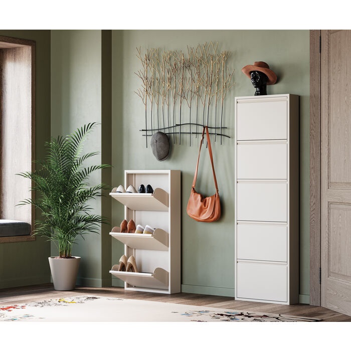 KARE Design Scarpiera Caruso Crema - 3 Scomparti Basculanti per Max 6 Paia, Salvaspazio, 103x50x15cm, Stile Minimalista
