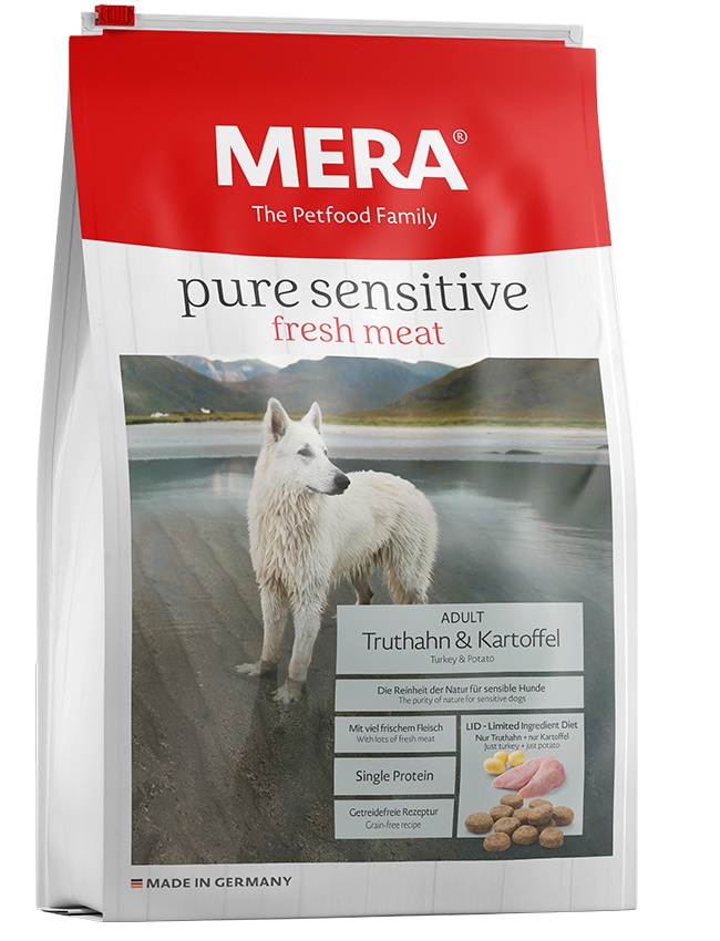 MERA Pure Sensitive Cibo Secco per Cani Adulto 12,5 kg - Tacchino e Patate, Senza Cereali, 25% Carne Fresca
