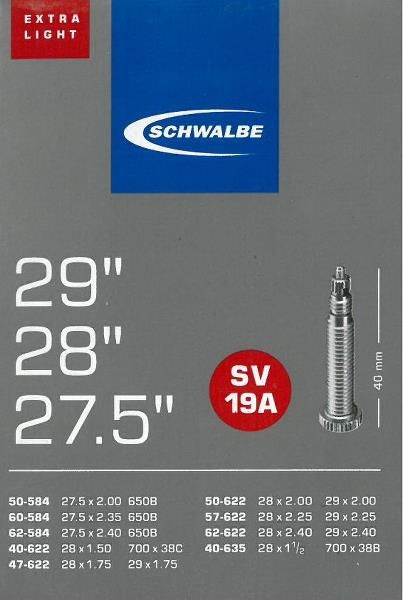 Schwalbe SV19A Extra Light Camera d'Aria per Bicicletta - Valvola Presta 40 mm, Dimensioni 27.5/28/29