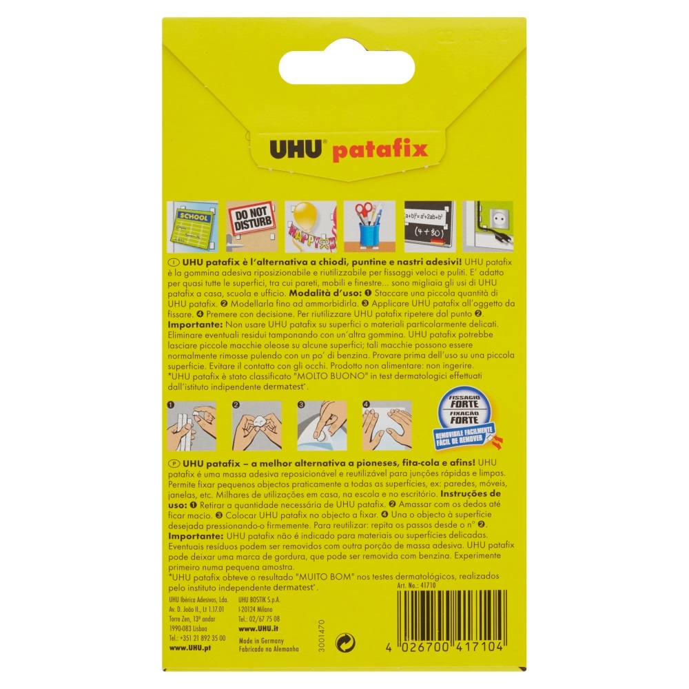 UHU Patafix Bianco - Gomma Adesiva Removibile e Riutilizzabile, Confezione da 80 Gommini, Ideale per Fissaggi Veloci di Poster e Foto