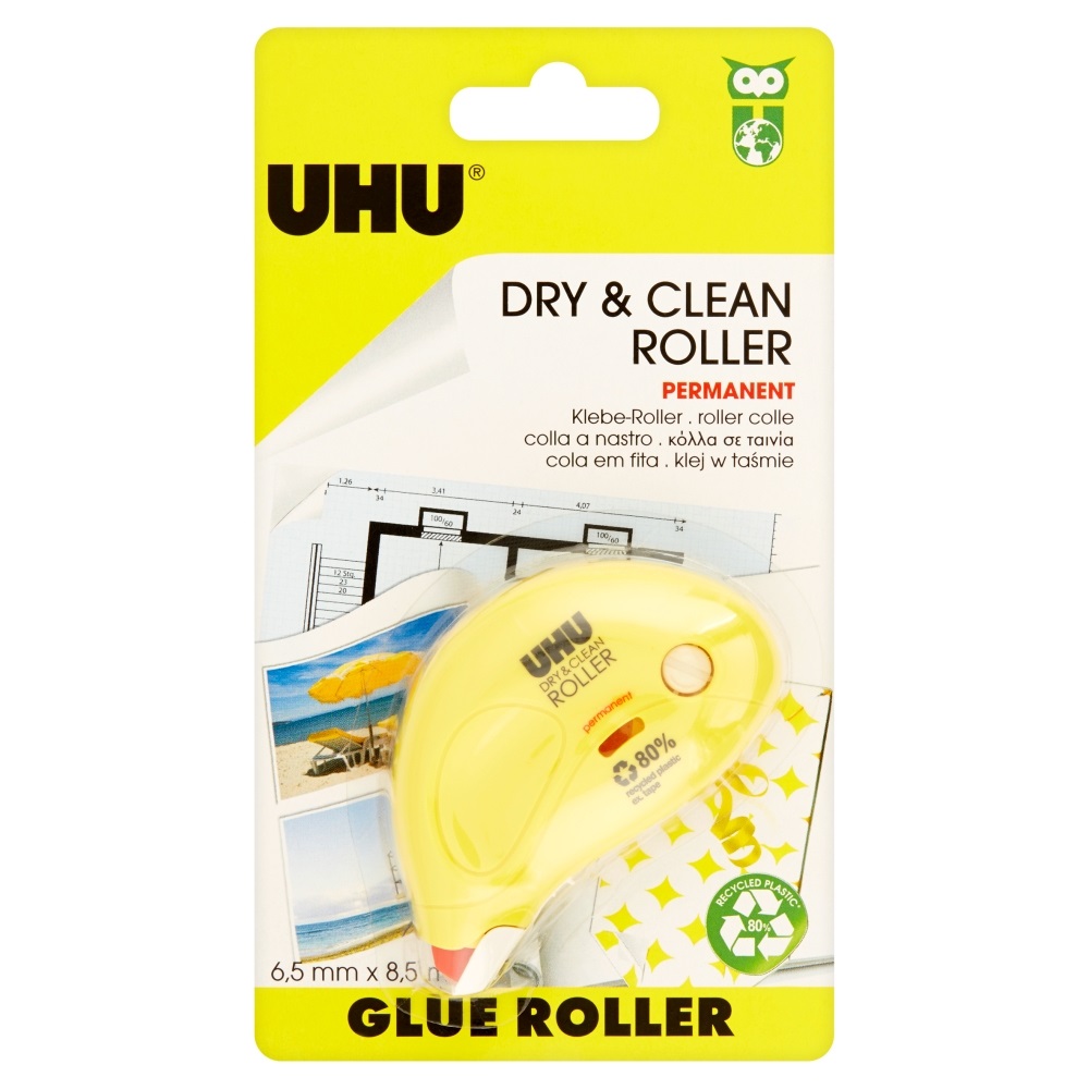 UHU Colla a Nastro Dry&Clean Roller - Permanente - 6,5 mm x 8,5 m - Incollaggi Istantanei e Precisi