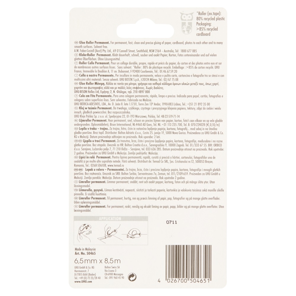 UHU Colla a Nastro Dry&Clean Roller - Permanente - 6,5 mm x 8,5 m - Incollaggi Istantanei e Precisi