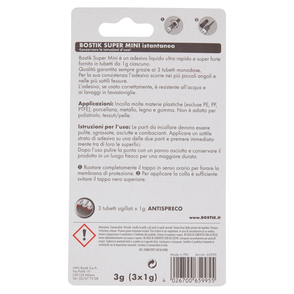 Bostik Colla Istantanea Universale Super Mini - 3 tubetti monodose da 1g - Trasparente - Ideale per ceramica, metallo, plastica e altro