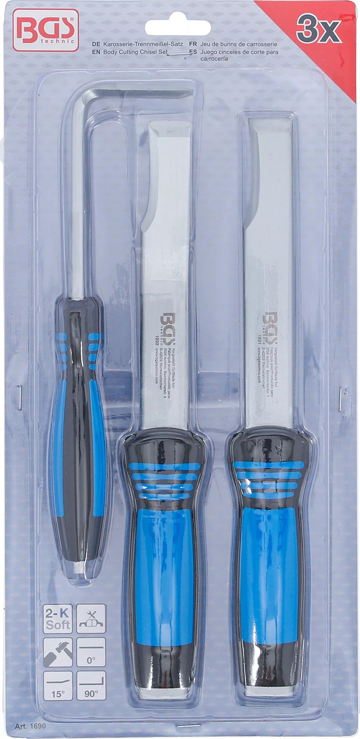 BGS Set di scalpelli da taglio per carrozzeria - 3 pz. con impugnatura morbida e superficie riaffilabile